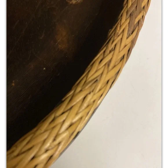 Vintage Hand Carved Lombok Indonesian 15”D Solid Wood Bowl Rattan Basket Rim - Picture 10 of 13